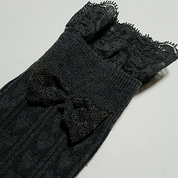 Thigh Hi Lace Trim w/Bow Socks Coffee, Lt Gray - Picture 6 of 7